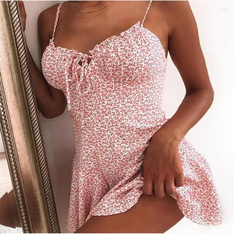Casual Dresses Vintage Floral Dress Sling Sleeveless Summer Bandage Lace Up Mini Bustier Cocktail Party Sundress Vestidos