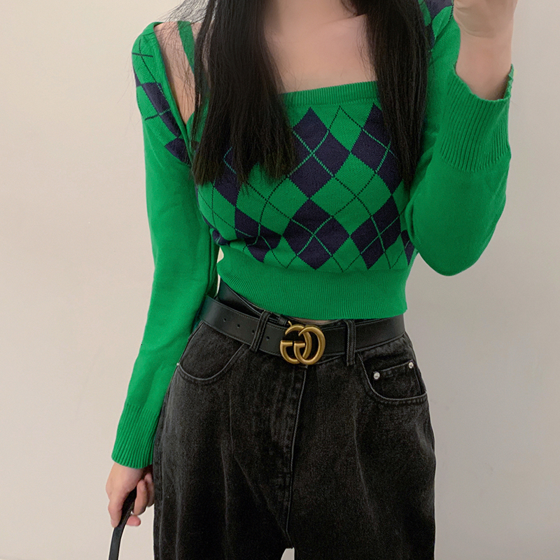 Women's Knits Tee 2 in 1 Argyle Strappy Knit Tank Super Crop Cardigan 230725