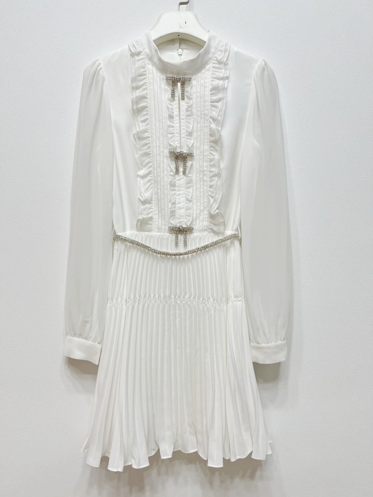 New-S-elf-Portrait Chiffon Pleated Dress Round Neck Long Sleeve Mini Dress for Women