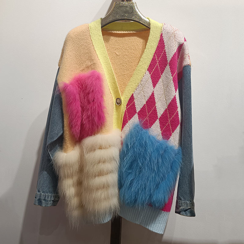 Women's Knits Tee Loose Knitted Cardigans With Real Fur Stripe Fashion Female Autumn Jacket Outwear Genuine 230725