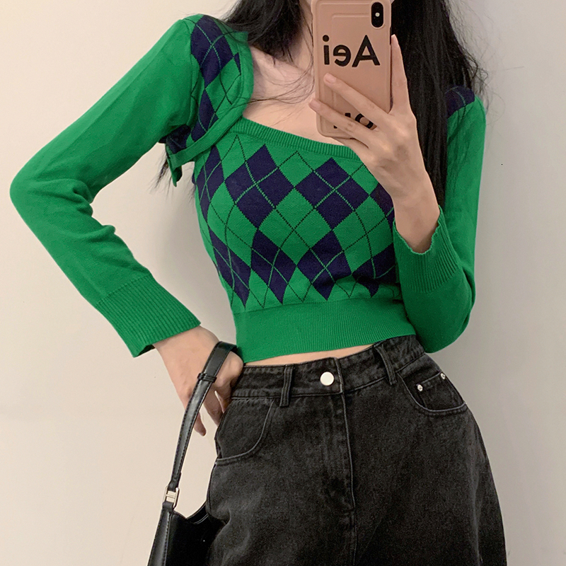 Women's Knits Tee 2 in 1 Argyle Strappy Knit Tank Super Crop Cardigan 230725