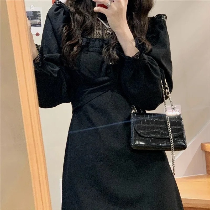 Basic Casual Dresses French Lace Vintage Dress Women Fashion Puffer Sleeve Elegant Dress Korean Spring High Street Slim Midi Dress Y2k 230725