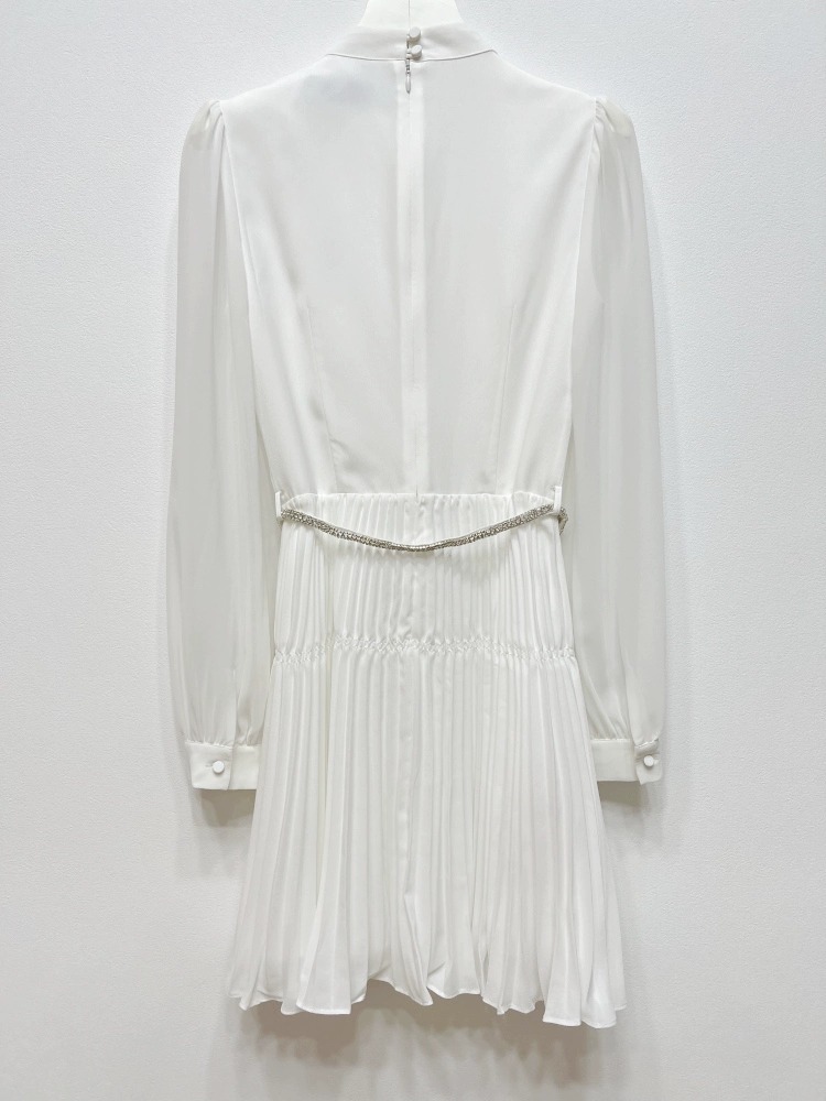 New-S-elf-Portrait Chiffon Pleated Dress Round Neck Long Sleeve Mini Dress for Women