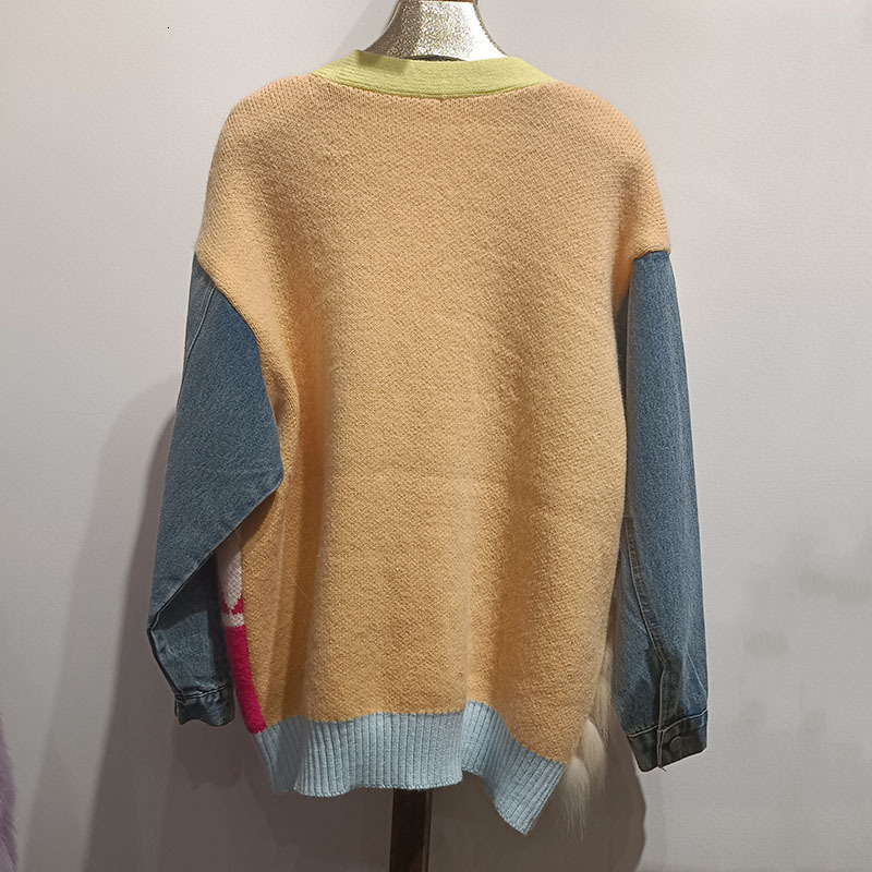 Women's Knits Tee Loose Knitted Cardigans With Real Fur Stripe Fashion Female Autumn Jacket Outwear Genuine 230725