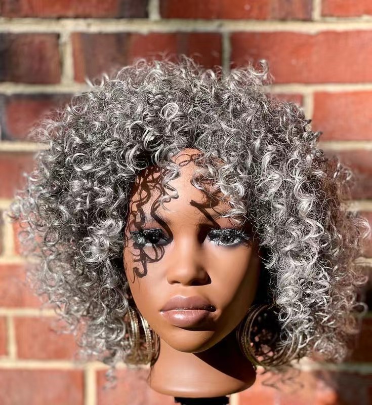 Black and white mixed grey dark roots spiral curl kinky curly salt and pepper wig none lace breahtable cap with bang short bob hairstyle