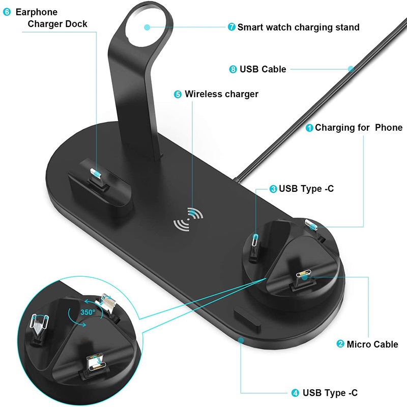 2023 Newly Holder Phone Popular Multifunctional 6 in1 Wireless Charger Fast Charging Dock Stand Desktop Charging Station