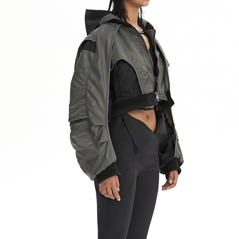 Womens Jackets Retro Coa FemaleTop Autumn Army Green Contrasting Color Patchwork Personalized Hooded Short Jacket Women 230726