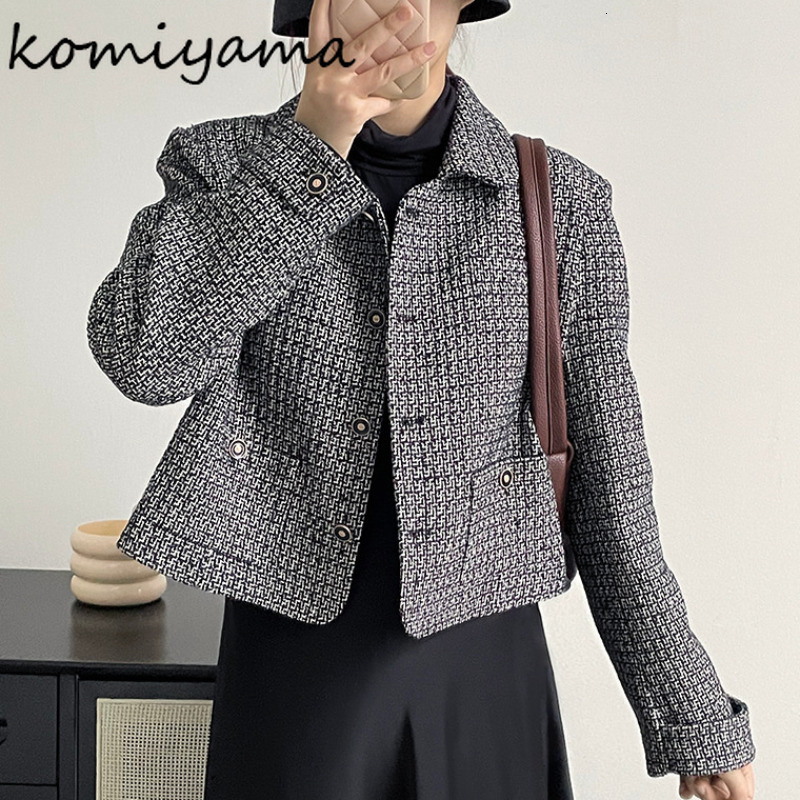 Womens Jackets Komiyama Contrast Plaid Woman Lapel Long Sleeve Jaquetas Single Breasted Chaqueta Mujer Autumn Small Fragrance Coats 230726