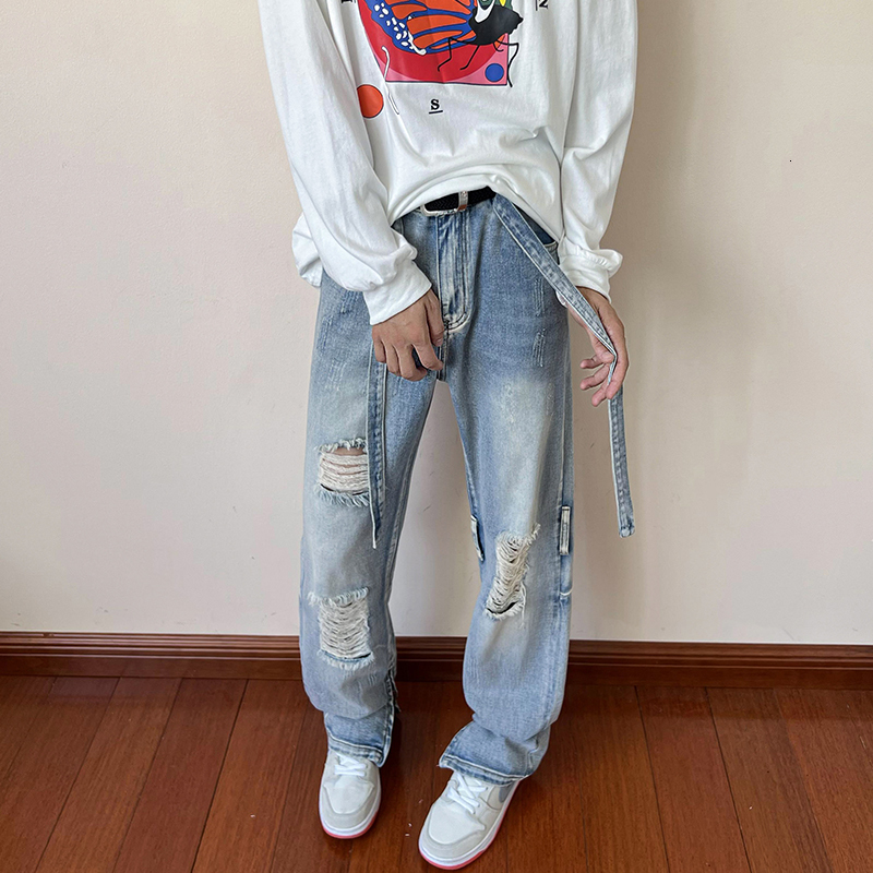 Men's Jeans Ripped Holes Men Ribbon Baggy Fashion Denim Wide Leg Trousers Casual Retro Blue Hip Hop Korean Pants 230725