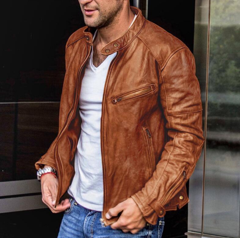 2023 Men's Jackets Winter Fashion Leather Jacket Punk Motorcycle Pu Stand Collar Zipper Coat Solid Casual Coats