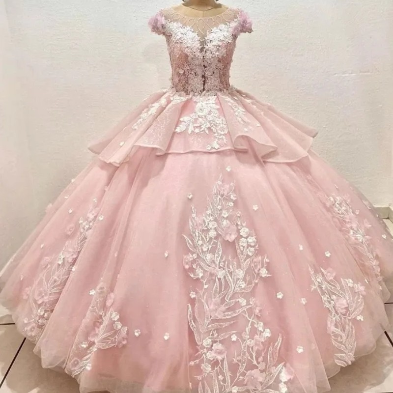 Pink Sweet Party wer Quinceanera Dresses Lace Crystal Beading 3Dwer Back Pearls Neck Vestidos De 15 Anos