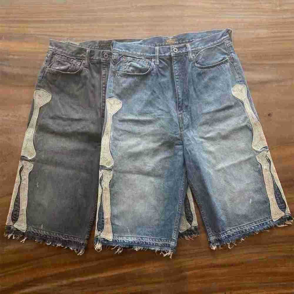ins Designer jeans Kapital Loose Casual Embroidered Bone Worn-out Damaged Washed Denim Shorts
