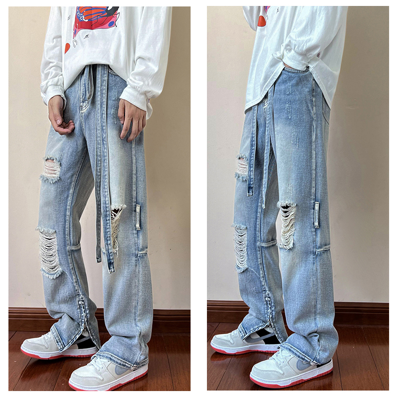 Men's Jeans Ripped Holes Men Ribbon Baggy Fashion Denim Wide Leg Trousers Casual Retro Blue Hip Hop Korean Pants 230725