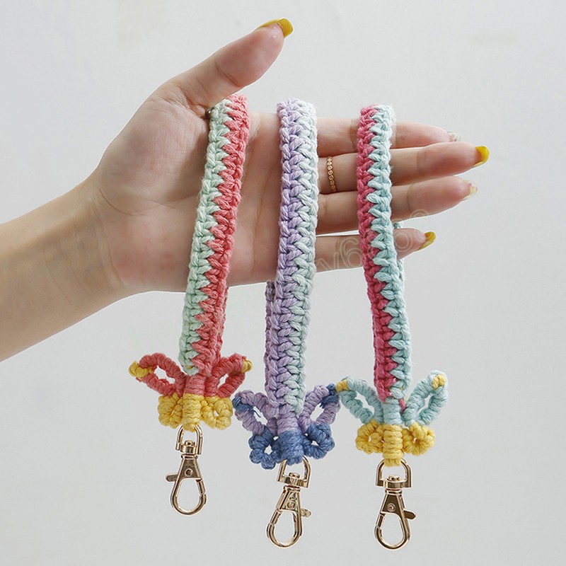 Butterfly Keychain For Women Girls Macrame Handmade Bracelet Tassel Wristlet Strap Keyring Lanyards Boho Hand-woven For Key Car