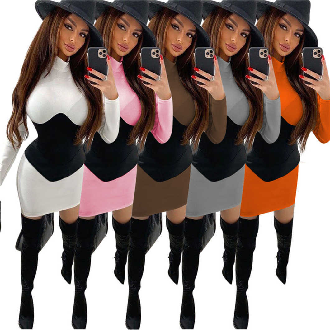 Women Dresses Bodycon Dress Causal Panelled Long Sleeve Skirt Sexy Hip Package Dress Fashion party Skinny Midi Skirts