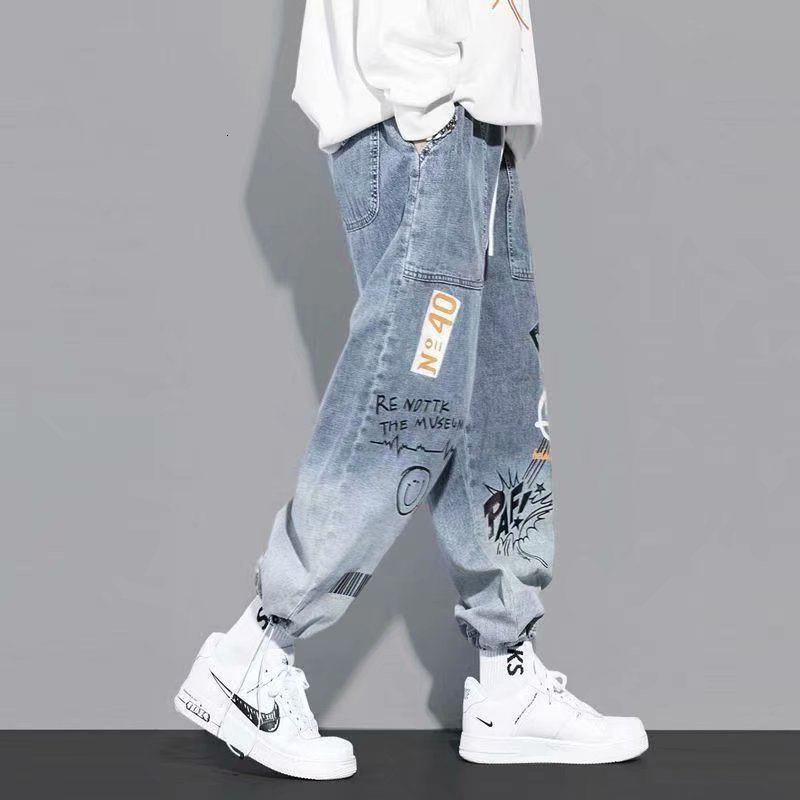 Men's Jeans jeans autumn letter printing baggy Hip hop men cargo pants Streetwear Cartoon Graffiti Drawstring Denim trousers 230725