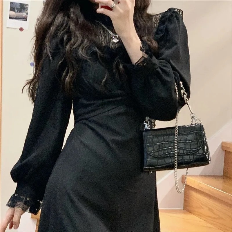 Basic Casual Dresses French Lace Vintage Dress Women Fashion Puffer Sleeve Elegant Dress Korean Spring High Street Slim Midi Dress Y2k 230725