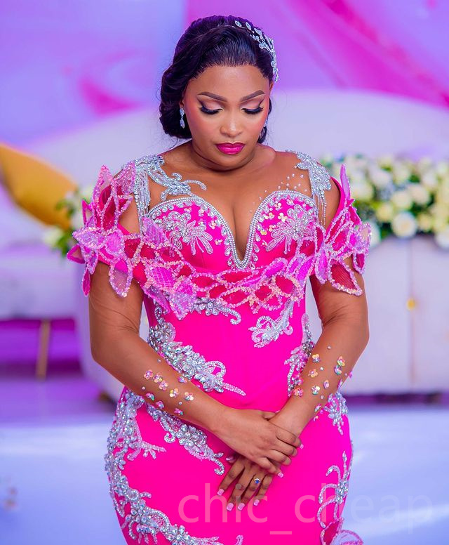 2023 Aso Ebi Fuchsia Mermaid Prom Dress Crystals Lace Evening Formal Party Second Reception Birthday Engagement Gowns Dresses Robe De Soiree ZJ772
