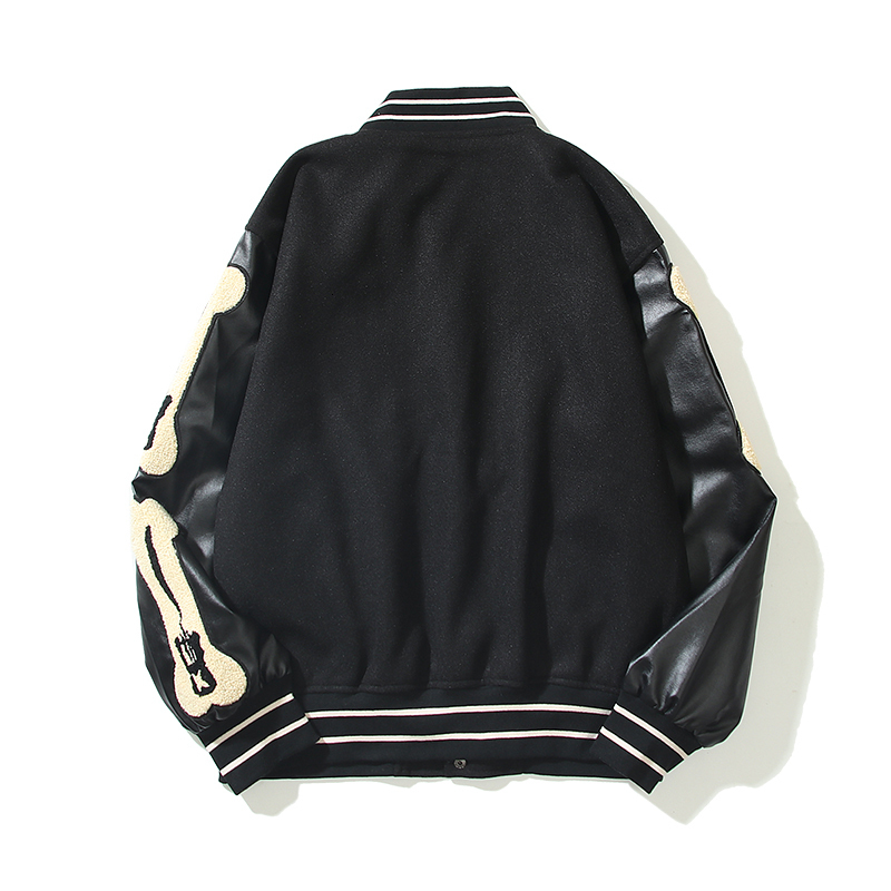 Men's Jackets Leather Sleeve Patchwork Bone Embroidery Retro Men's and Women's Woolen Baseball Jacket Harajuku Stand Oversize Casual Co