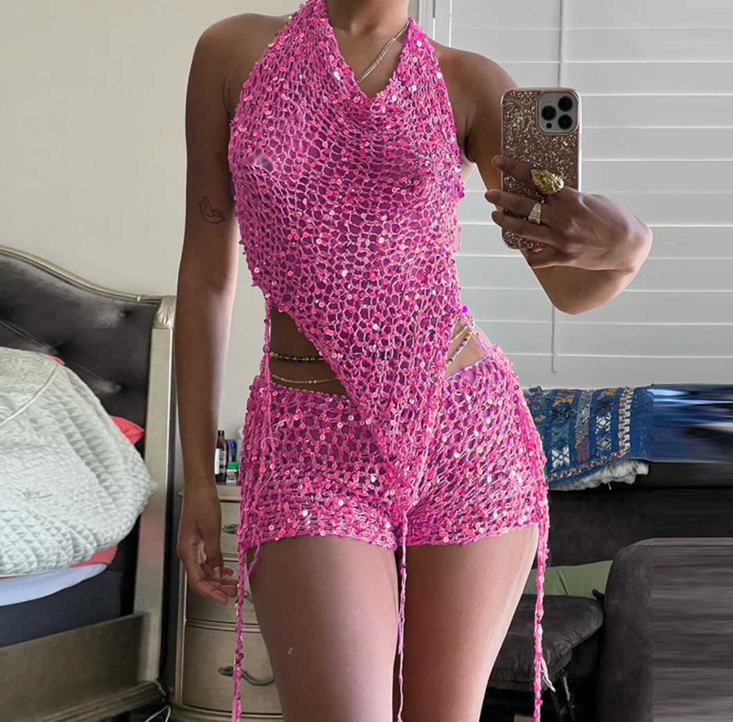 Womens 2023 Summer New Sexy Hollow out Knitted Sequin Top High Waist Wrapped Hip Shorts Set for Women