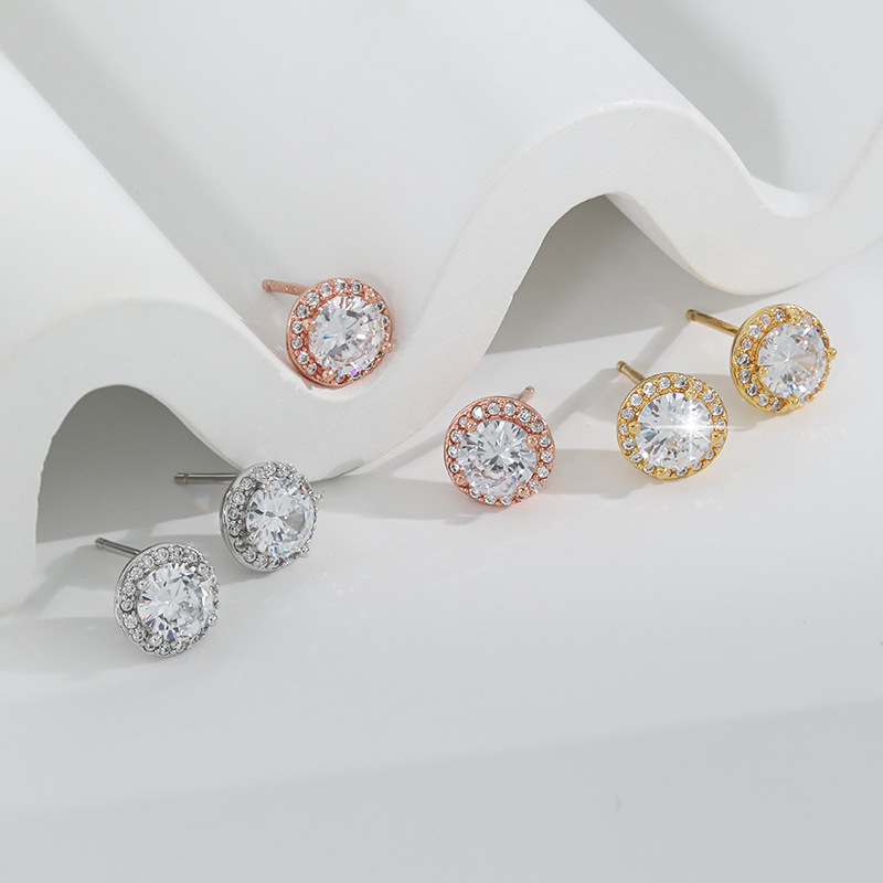 Chic Ladies' Fashionable Crystal-Embellished Diamond Stud Earrings in Sterling Silver