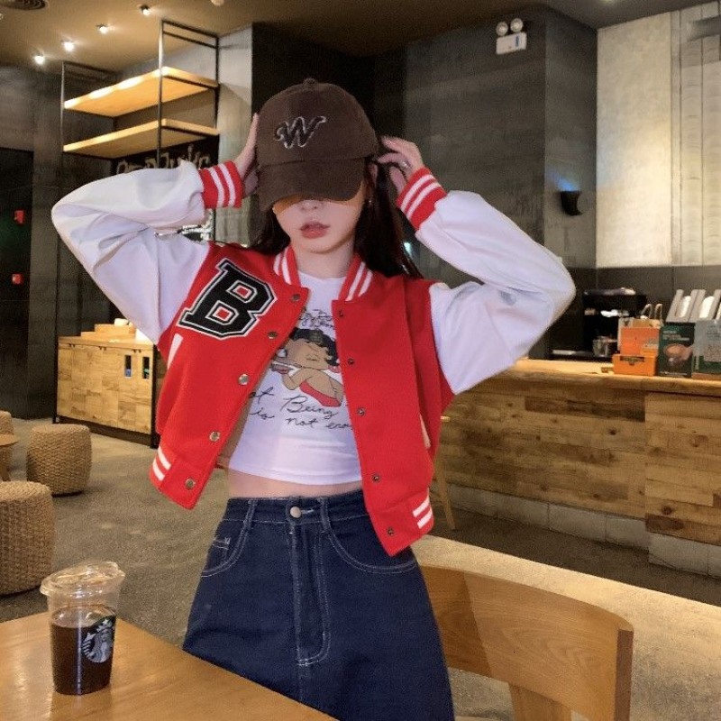 Womens Jackets HOUZHOU Cropped Baseball Jacket College Varsity Y2k Streetwear Vintage Oversize Korean Fashion Coat Aesthetic 230726