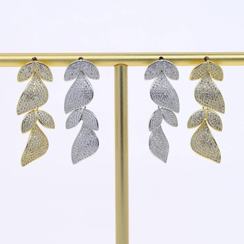 Bg Leaf-Shape Cubic Zirconia Drop Earrings: Full Iced Out CZ Wedding Jewelry