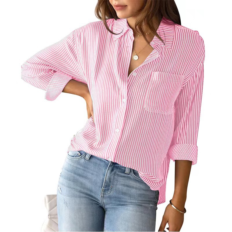 Womens shirt women's shirt designer cottona button-up shirt Striped classic long-sleeved collared office work shirt with pocket Loose casual long