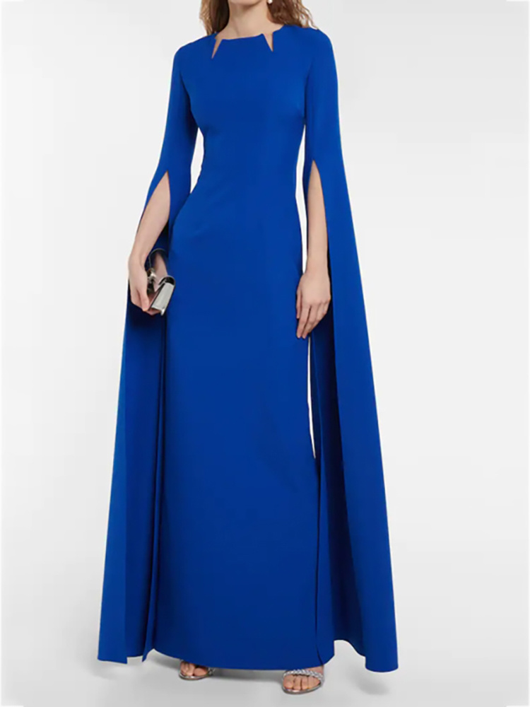 Elegant Long Royal Blue Crepe Evening Dresses With Cape Sheath Floor Length Zipper Back Pleats Prom Dresses With Slit Robe De Soiree Formal Party Gown for Women