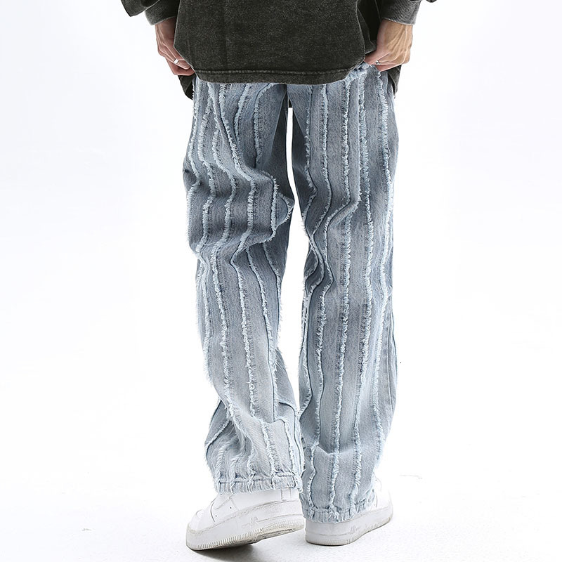 Men's Jeans Gradient Color Striped Frayed Retro Casual Denim Trousers Men and Women Straight Baggy Pockets Ripped Tassel Jeans Pants 230726