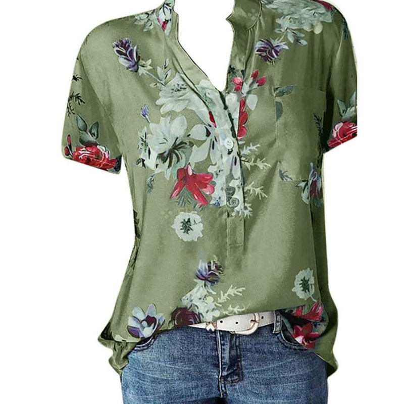 Womens Blouses Shirts Elegant womens shirt printing large size casual fashion Vneck shortsleeved blouse 230726