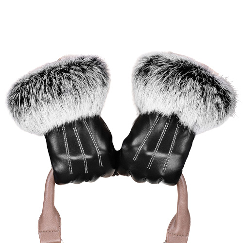 Winter black sheepskin Mittens Leather Gloves For Women Rabbit Fur Wrist Top Sheepskin Gloves Black Warm Female Driving Gloves 201