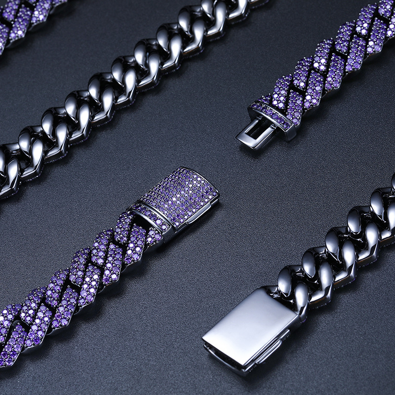 14mm Hip Hop TopBling Purple Cubic Zircon Miami Cuban Chain Necklace Bracelet Jewelry Gun Black Plated