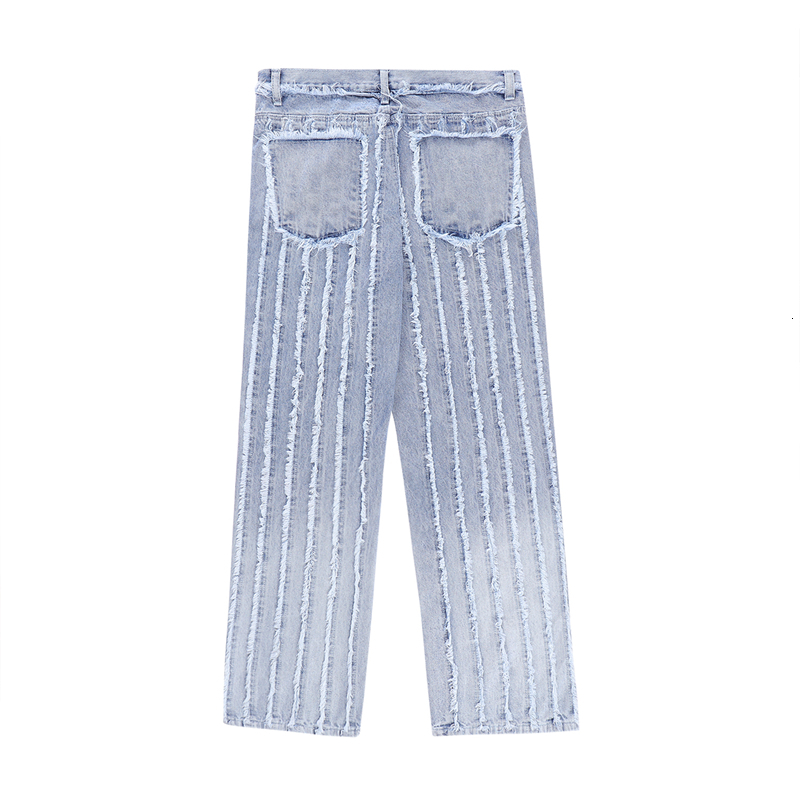 Men's Jeans Gradient Color Striped Frayed Retro Casual Denim Trousers Men and Women Straight Baggy Pockets Ripped Tassel Jeans Pants 230726
