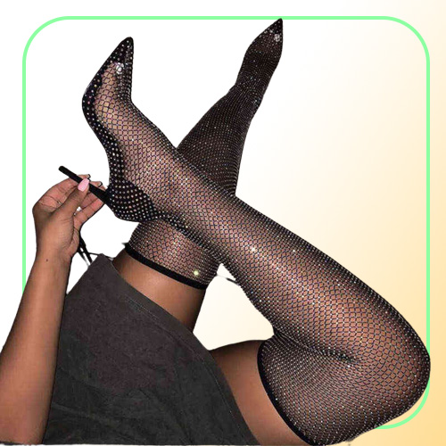 Sexy Women039s Boots Over The Knee Boots Thigh High Botas Pointed Toe High Heels Shoes Female Crystal Fishnet Mesh Nightclub Sh