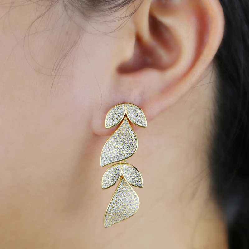 Bg Leaf-Shape Cubic Zirconia Drop Earrings: Full Iced Out CZ Wedding Jewelry