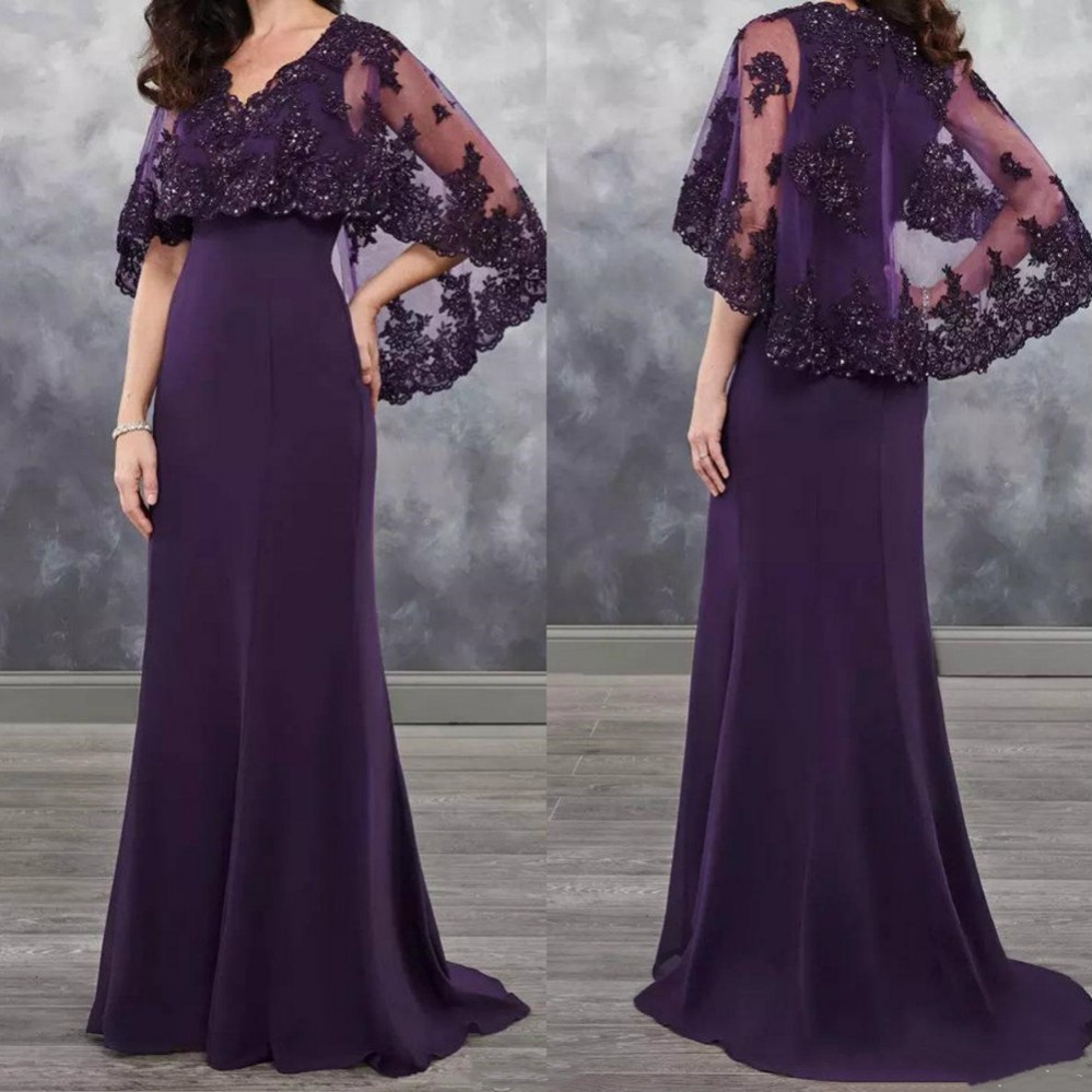 2023 Vintage Purple A-line Mother of the Bride Dress with Cape Shawl Wrap Sparkly Sequins Lace Wedding Groom Party Gowns Plus Size Robe De Soiree