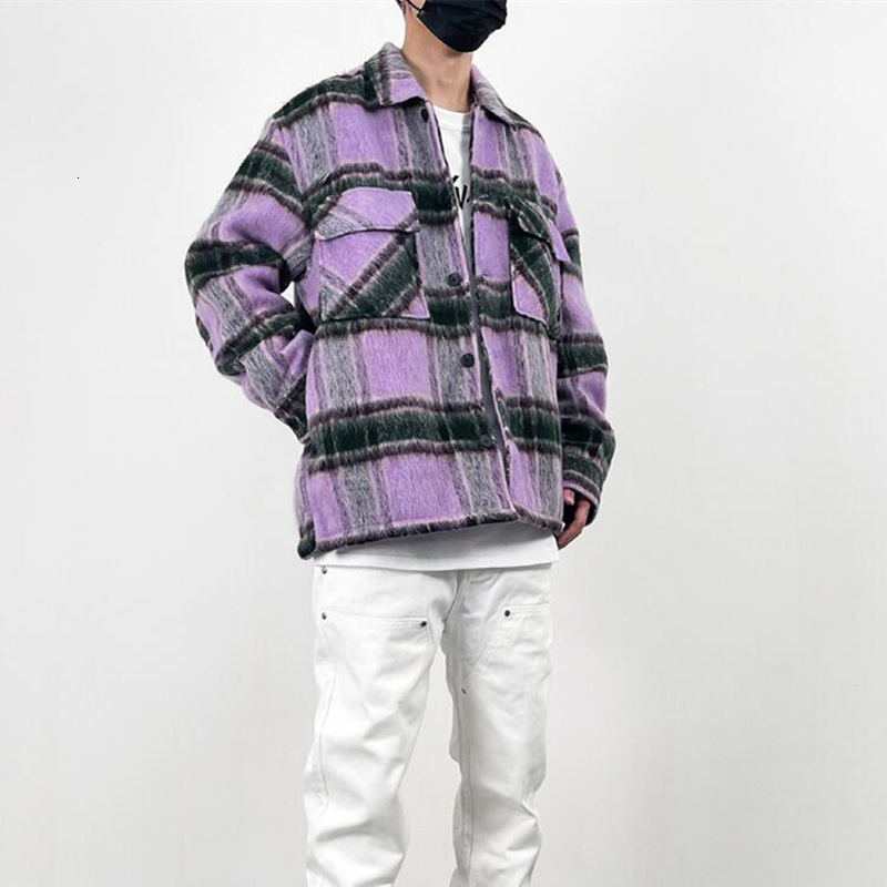 Men's Jackets High Street Retro Pockets Color Block Checkered Lapel Men's Wool Jackets Autumn and Winter Thick Casual Windbreaker Loose Coat