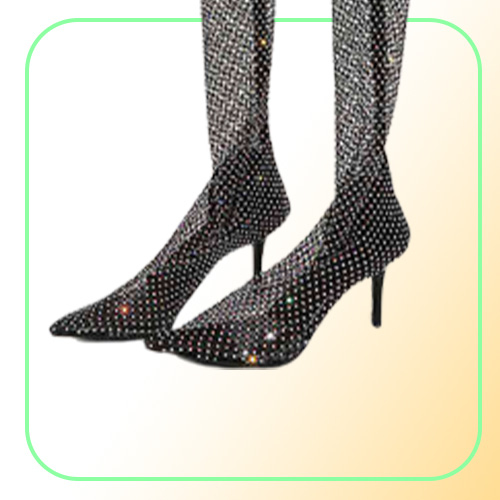 Sexy Women039s Boots Over The Knee Boots Thigh High Botas Pointed Toe High Heels Shoes Female Crystal Fishnet Mesh Nightclub Sh