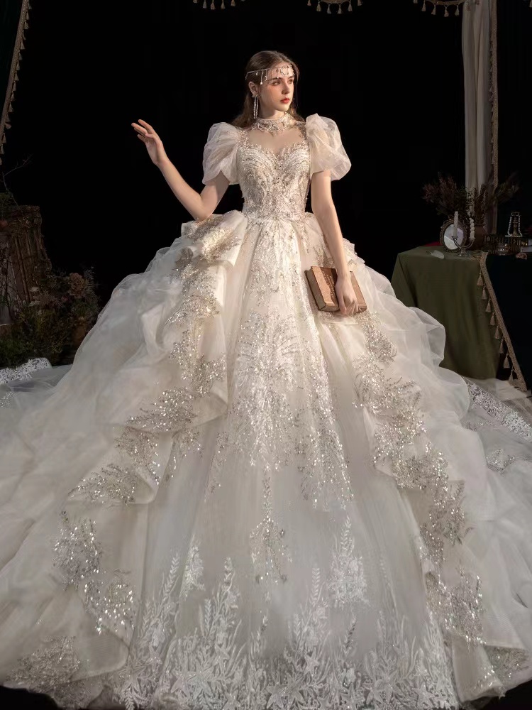 Sweetheart Crystal Beads Wedding Dresses Big Bow Back robe de mariage Custom Made Lace Appliques Plus Size Bridal Party Gowns shiny bg wed gown