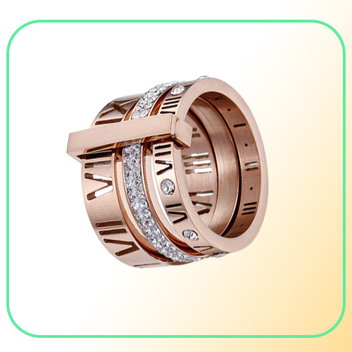 Rhinestone Rings For Women Stainless Steel Rose Gold Roman Numerals Finger Rings Femme Wedding Engagement Rings Jewelry