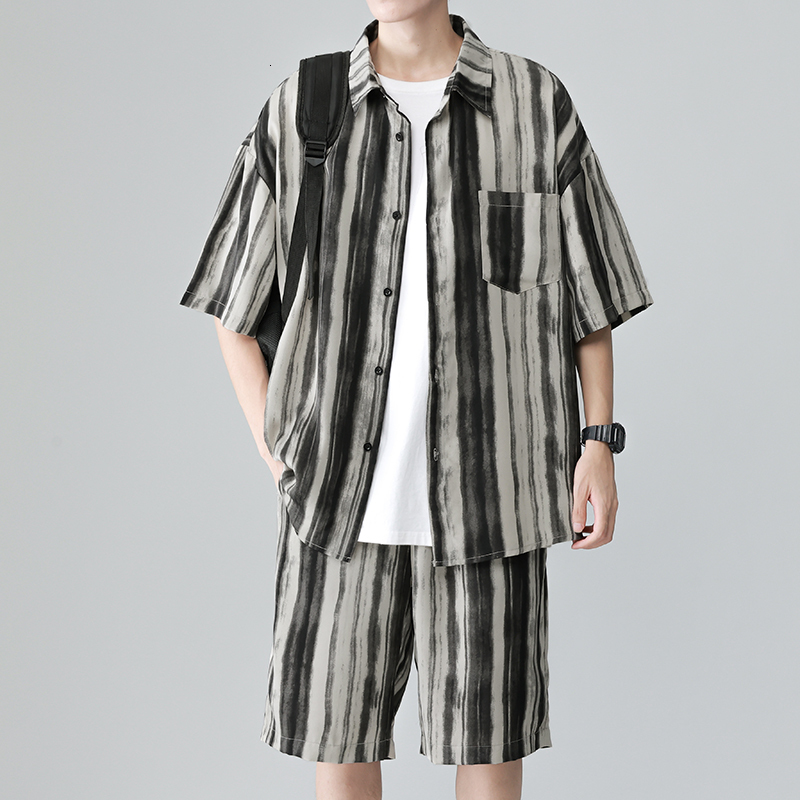 Men's Tracksuits Mens Fashion thin streak Chinese ink painting Sets Short Sleeve ShirtShorts 2Pcs Suit Loose 2023 Summer Casual Outfits 230727