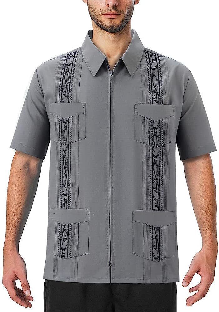 Mens Casual Shirts Short Sleeve Cuban Guayabera Full Zip Front Mexican Hawaiian Shirt with Pocket 230726