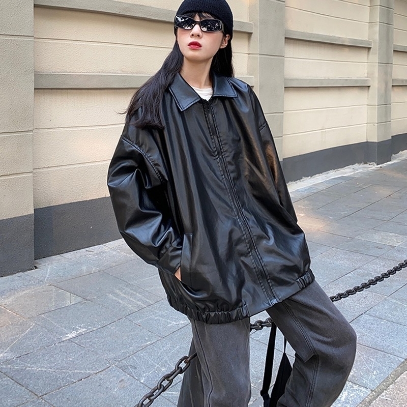 Women's Trench Coats Korean Black Leather Jacket Women Winter Long Moto Biker Zipper Streetwear Harajuku Y2K Loose Coat 230726