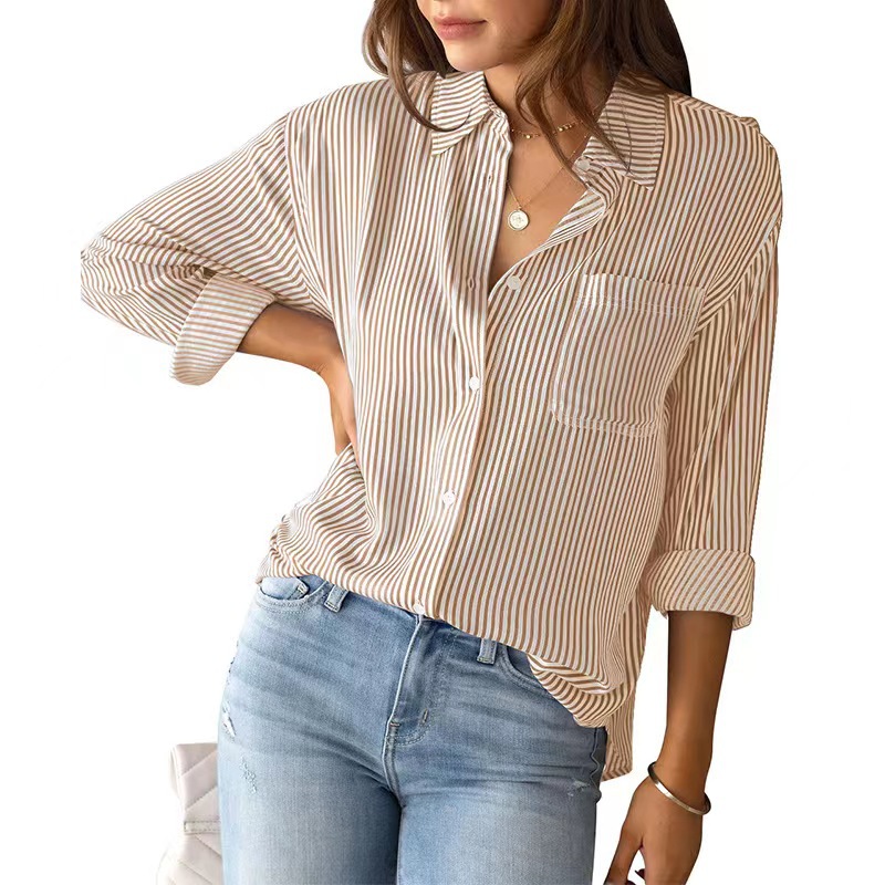 Womens shirt women's shirt designer cottona button-up shirt Striped classic long-sleeved collared office work shirt with pocket Loose casual long