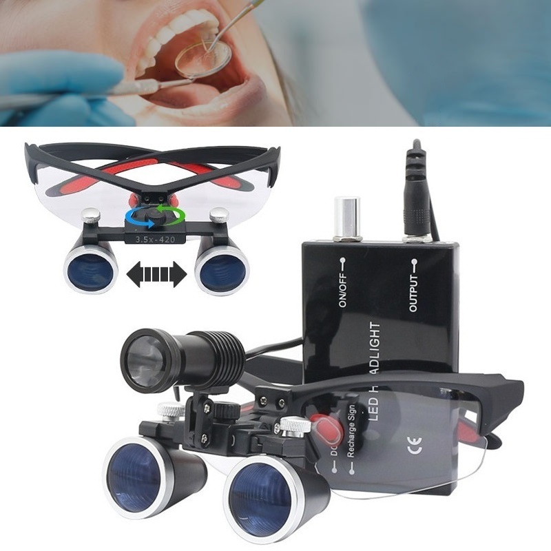 Magnifying Glasses 3.5X Binocular Dental Loupes with Head Light Yellow Filter Li-on Battery Lab Dental Glasses Magnifier Optical Glass Clear Image 230