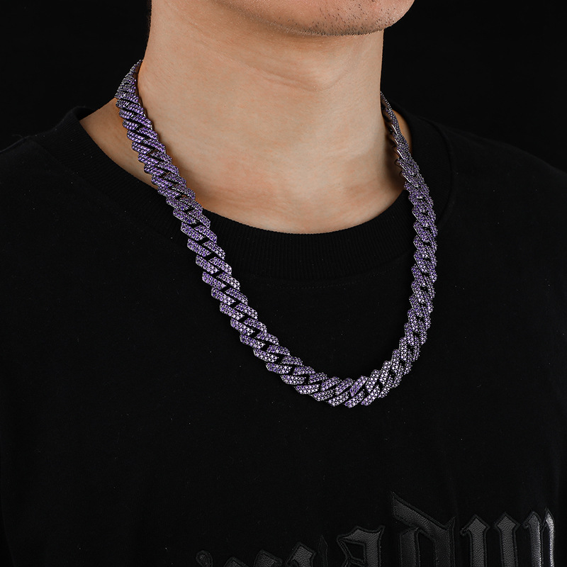 14mm Hip Hop TopBling Purple Cubic Zircon Miami Cuban Chain Necklace Bracelet Jewelry Gun Black Plated