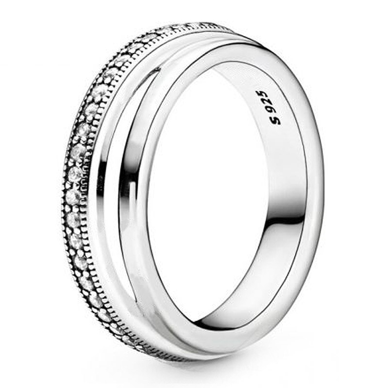 New 925 Sterling Silver Ring Bar Stacking Signature Triple Beaded Pave Band Radiant Teardrop Pink Fan For Women Jewelry
