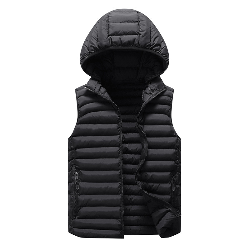 Men's Warm Winter Down Vest With Hood - Thick Cotton-Padded Casual Gilet, Zipper Closure, Black, 2024 B3