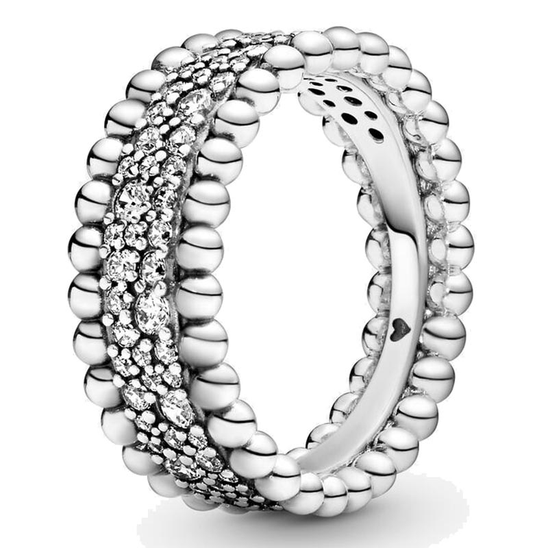 New 925 Sterling Silver Ring Bar Stacking Signature Triple Beaded Pave Band Radiant Teardrop Pink Fan For Women Jewelry